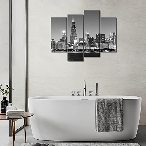 Chicago City 4 Pieces Modern Canvas Painting Wall Art The Picture For Home Decoration View Of Chicago Skyline At Night In Black And White Place Cityscape Print On Canvas Giclee Artwork For Wall Décor #TOP3