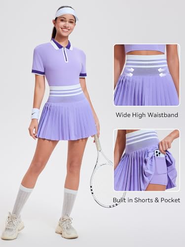 Image of Tennis Skirt Sets for Women Zipper Color Block High Waisted Golf Polo Two Piece Skirt Set Women 2 Piece Outfits