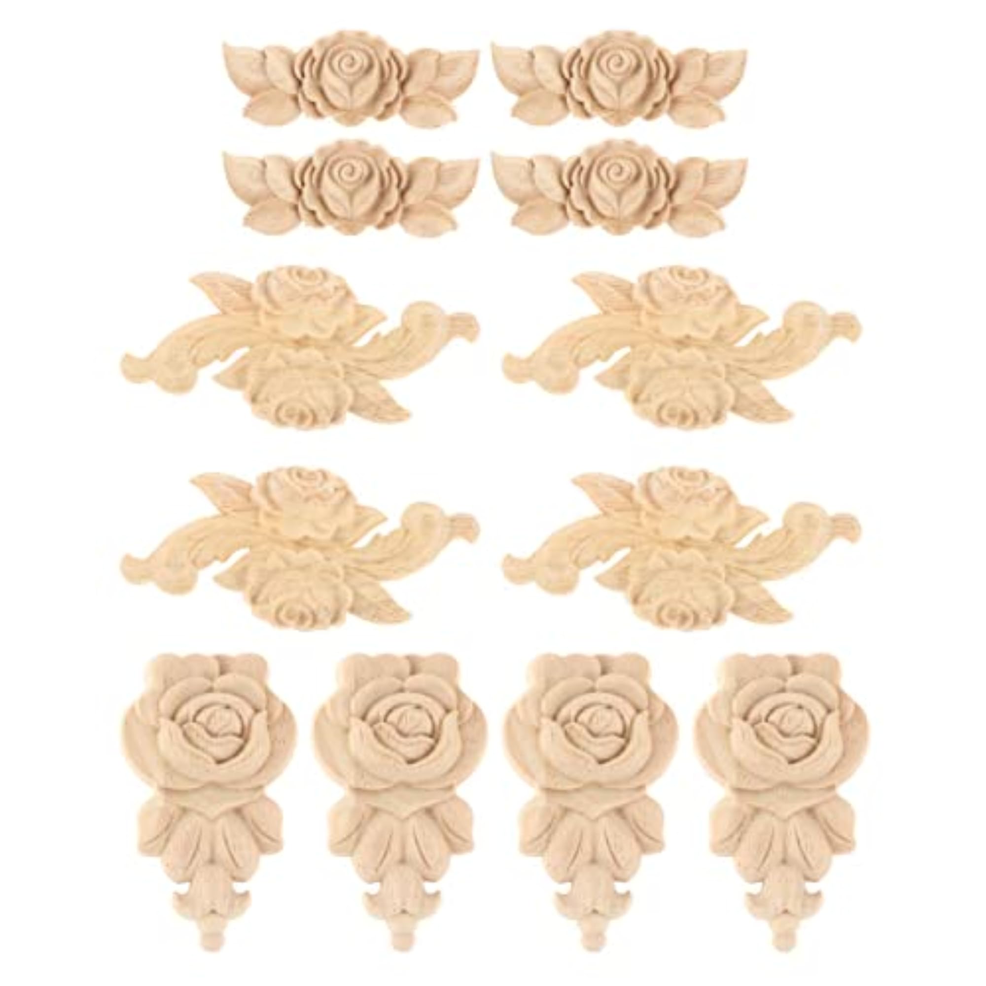 4 Pieces Rose Wood Carved Appliques for Crafting
