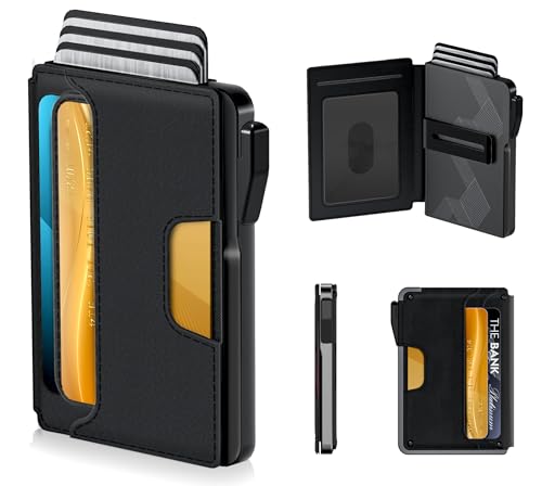Image of Wallet for Men - Slim Leather Mens Wallet Pop up Card Holder with Money Clip,Credit Card Slots,ID Window - RFID Blocking Minimalist Wallet (Dark Black)