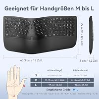 TECKNET Ergonomische Tastatur Kabellos, Deutsches QWERTZ Split Tastatur mit Handballenauflage, Wiederaufladbar Ergo Funktastatur, Bluetooth & USB Natürliches Tippen für Windows/Mac – Ansicht 6