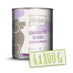MjAMjAM – nourriture humide premium pour chiens – dinde savoureuse avec de délicieuses carottes, pack de 6 (6 x 800 g), sans céréales avec de la viande supplémentaire