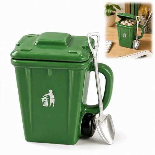 Creative Trash Bin Ceramic Mug with Lid, Funny Recycling Bin Coffee Cup, Novelty Trash Can Shaped Mug for Tea Cocoa, Office Desk Pen Holder, Coworker Gift (green)