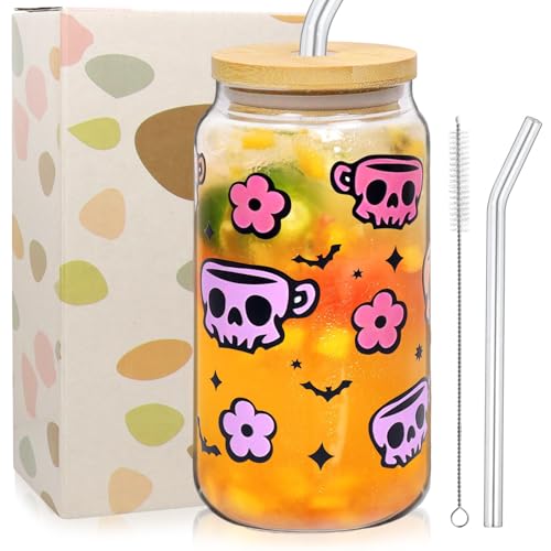 Glasmugg med lock och sugrör 500 ml, glas drickkopp, dricksglas, glas med fladdermöss dödskallar, glasbägare teglas med pumpor, halloween dryckesbägare för iskaffe mjölkte drycker cola