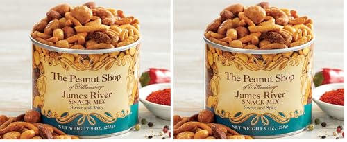 The Peanut Shop of Williamsburg James River Snack Mix, Williamsburg Peanuts, with Mixed Nuts and Sesame Corn Sticks - 9 Oz Tin (Pack of 2) image 2