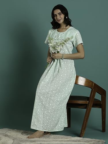 Image of 9shines Label Stylish Chikankari Cotton Nighty Maxi for Women | Full Length Nightgown | Nightdress with Pocket | Embroidery Nighty | Soft Comfortable Cotton Nightwear (1545)