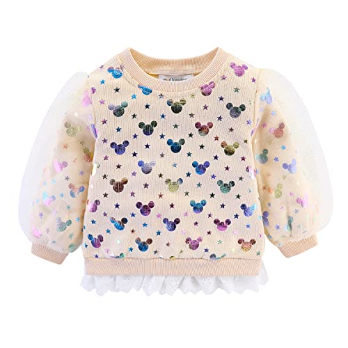 Mud Kingdom Toddler Girls Sweatshirts With Lace Cartoon Shiny Tulle Puff Sleeve Beige 3T #TOP19