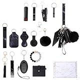 Ankilo Selbstverteidigung Schlüsselanhänger Set,Frauen mit Persönlicher Alarm, Sicherheits Schlüsselanhänger Set, mit Pfeife und Pom Pom, Self Defense Keychain Geschenke 17PCS für Frauen, Schwarz