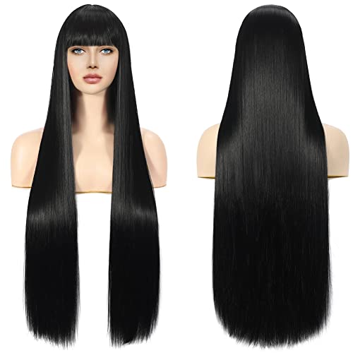 Sangrui Black Long Straight Wig for Women Synthetic Fibre Smooth Wig with Fringe