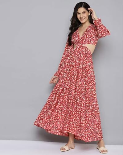 Image of LADILA ENTERPRISE Red Floral Waist Cut-Out Maxi Dress