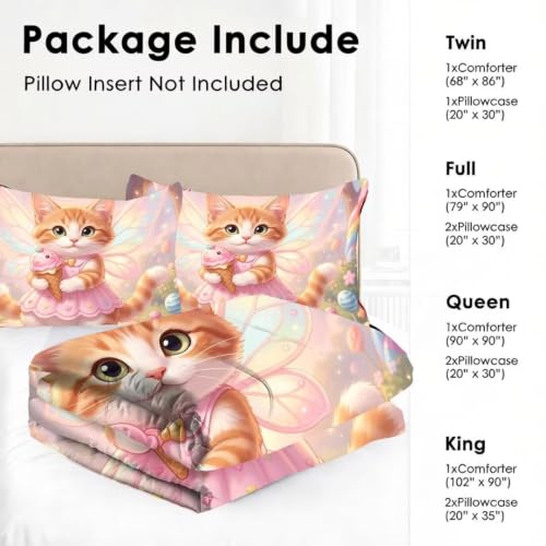 Image of Cute Cat Comforter Set King Size Pink Fantasy Bedding Set for Girl | Cartoon Kitten with Wings Bedding Set for Girls Kids Toddlers, 3 Piece Pink Soft Bed Set with 1 Comforter 2 Pillowcases