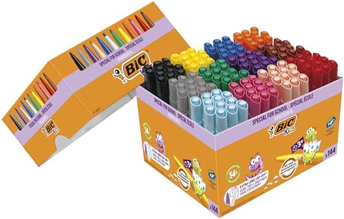 BIC Kids Visacolor XL - Feutres de Coloriage à Pointe Large dès 3 Ans - Couleurs Assorties, Classpack de 144