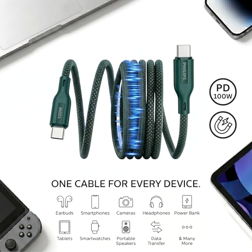 Image of PHILIPS DLC7130CT 100W Magnetic Type-C to Type-C Fast Charging Cable (1m, Crystal Teal) | Nylon Braided | Compatible with iPhone 15+ Series, USB-C iPad Models, Samsung Galaxy & All Type C Devices