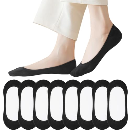 OFFCUP No Show Socks Women, 8 Pairs Ladies Invisible Sock, Non Slip Ultra Low Cut Liner Boat Loafer Sock, Cotton Breathable Footsies Shoe Socks for Loafers Flats Pumps Trainers UK 4.5-7 (Black)