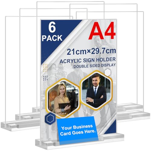 Arrobust Tischaufsteller A4 mit Visitenkartenhalter, 6 Stück Preisschilder Aufsteller Tischständer Doppelseitiger Vertikaler Acryl T-Ständer für Fotorahmen, Heim, Büro, Speisekarte, Messe (A4-6pack)
