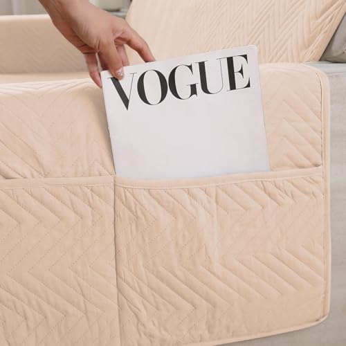Image of HOKIPO Polyester Quilted 2 Seater Sofa Cover Mat with Pockets, Beige (NEW-802-BGE)