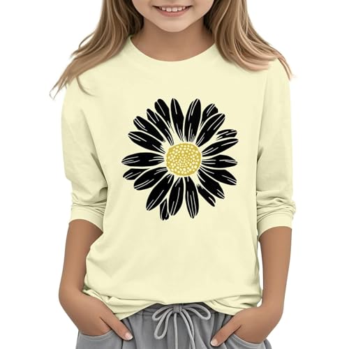 Kids Girls T Shirt 3/4 Length Sleeve Tops Crew Neck Shirt Casual Athletic Tops Cute Patterned Dandelion