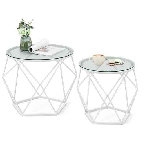VASAGLE Couchtisch rund, 2er Set, Wohnzimmertisch, Beistelltisch, modern, abnehmbare Tischplatte, für Wohnzimmer, transparent-wolkenweiß LGT040W01