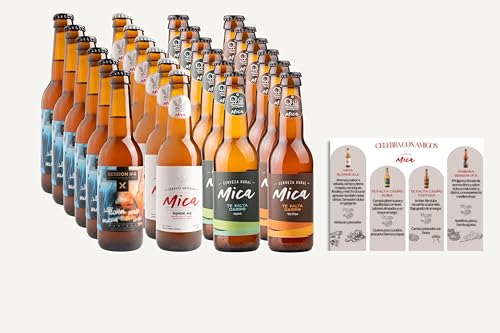 Mica - Pack de 24 Cervezas Artesanales, Pack Celebra con Amigos, 6 Rabiosa Session IPA, 6 Mica Blonde Ale, 6 Te Falta Campo Rubia, 6 Te Falta Campo Tostada, Tarjeta para la Cata - 24 x 330 ML