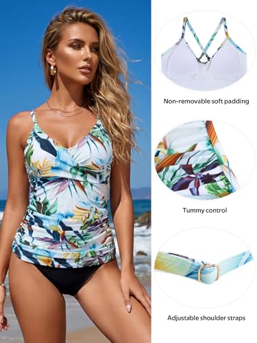 Image of RELELCIGA Women's Tankini Top V Neck Ruched Tummy Control Bathing Suit Top