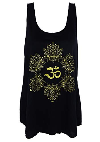 Débardeur Noir Motif Doré Femme Tee Shirt Top Imprimé Or Brillant Ethnique Yoga Taille Unique 36/38/40 Om Aum Ohm Cover