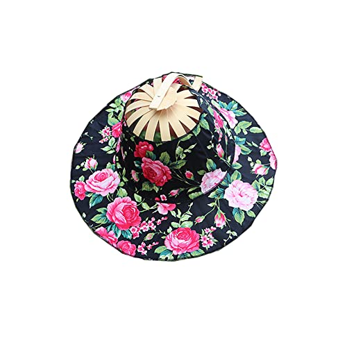 Egurs Chapeau de soleil pliable 2 en 1 pour femme et éventail pliable de style chinois portable imprimé floral et casquette de plage d'été bleu marine, Noir et rose.