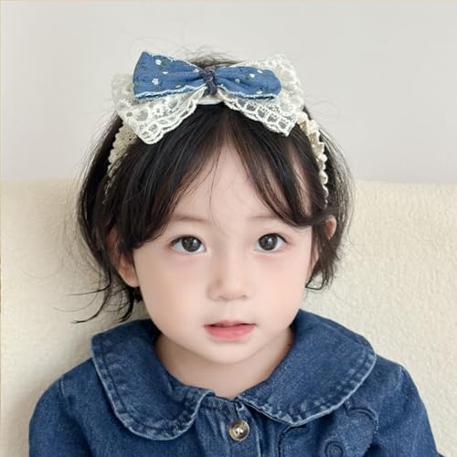 Baby Girls Hairbands Bow Lace Headband Handmade Soft Stretchy Pink Bowknot Hairbands Newborn Hairband with Bows Elastic Hair Bands for Kids Infant(Blue Denim Bow4