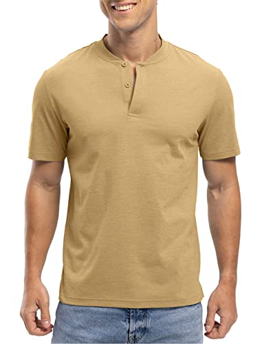 Rdruko Men's Henley Golf Shirts Collarless Quick Dry Athletic Moisture Wicking Tennis Casual T Shirts Short Sleeve, Khaki, M #TOP2