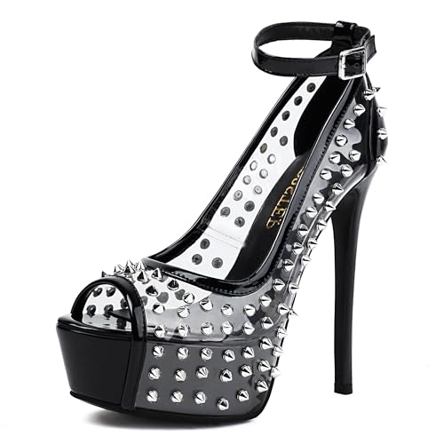 UP2STEP Studded Clear Peep Toe Stiletto Heels - Transparent Ankle Strap High Heel Sandals for Women Black