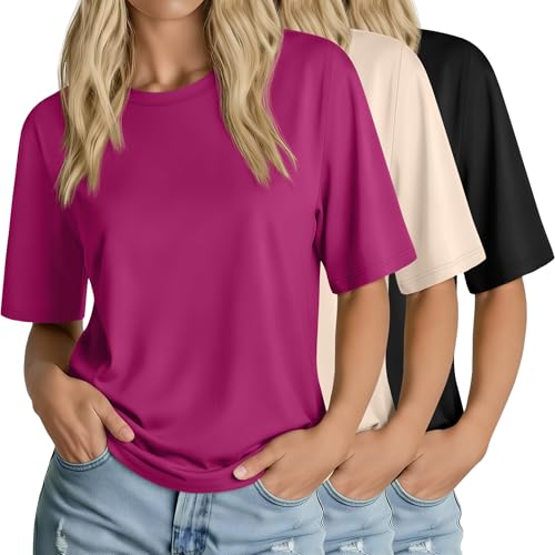 Huukeay 3 Pack Women's Half Sleeve T-Shirts, Crew Neck Elbow