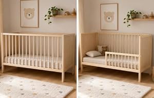 Kids Collective Babybett Kinderbett Beistellbett | Modulares Gitterbett Lattenrost 3-Fach höhenverstellbar & abnehmbare Sprossen | Baby Bett Holz Kinderzimmer | 120x60 cm | Natur