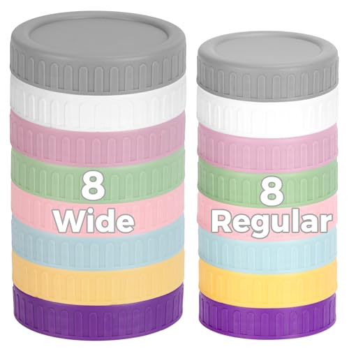 [16 Piece]8 Wide Mouth + 8 Regular Mouth Mason Jar Lids, Multi Color Plastic Lids for Mason Jars with Silicone Rings, Thickened Leak-Proof Canning Lids Regular Wide Mouth