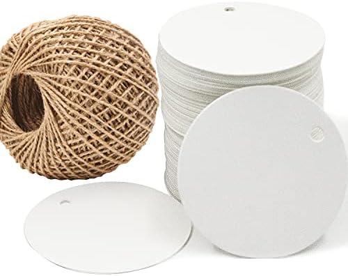 Gift Tags,100 PCS 2inch Kraft Paper White Round Hang Tags with Free 30m Natural Jute Twine for Christmas Holiday Gifts Wedding Favors Art Craft