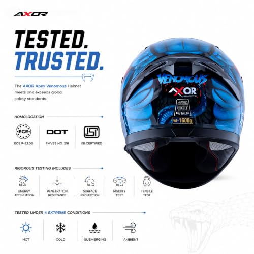 Image of Axor Apex Venomous ISI ECE DOT Certified Full Face Dual Visor Helmet for Men and Women with Pinlock Fitted Outer Clear Visor and Inner Smoke Sun Visor Black Blue(XL)