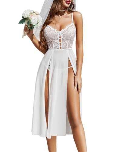 Avidlove Wedding Lingerie for Bride: Long Sheer Nightgowns High Slit V Neck Nightwear for Honeymoon Photoshoot