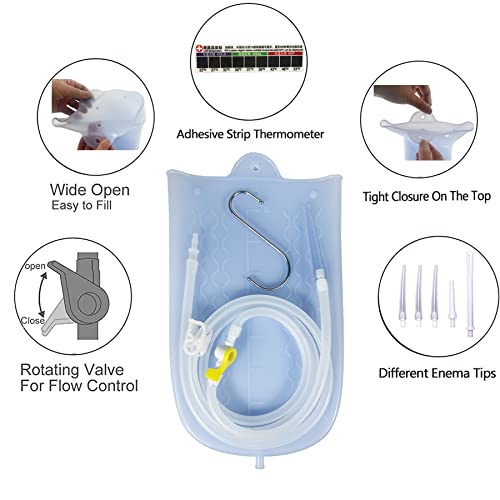 Image of GNEGKLEAN Silicone Enema Bag Kit with 6.3ft Hose, 5 Enema Tips, Controllable Flow Valve and Water Thermometer - 2 Quart Capacity Coffee enemas for Colon Cleanse