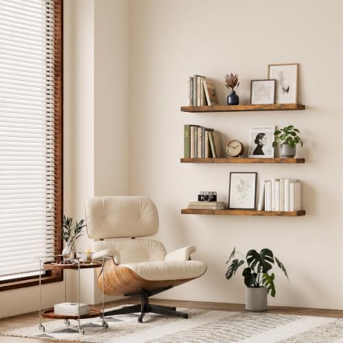 Image of BAYKA Floating Shelves, 47.2 inches Long Wall Mounted Rustic Wood Shelves for Bathroom, Bedroom, Living Room, Kitchen, Office, Hanging Shelf for Books /Storage /Decor(Rustic Brown,Set of 2)