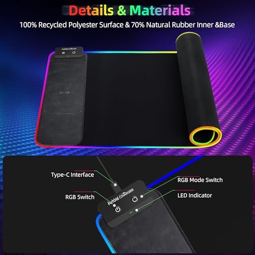 Wireless Charging Gaming Mouse Pad - 10W RGB Mouse Pad, 31.5"x15.7" Extended XX-Large Desk Mat for Laptop/PC/Keyboard, 9 Light Modes, Non-Slip Rubber Base, Waterproof, Black