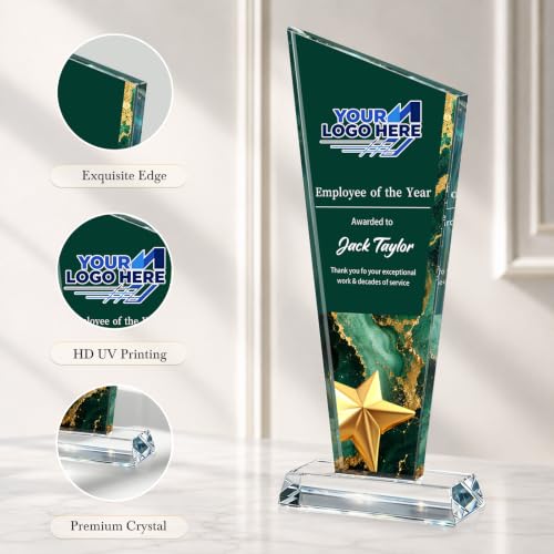 Image of Custom Crystal Trophy Award Personalized Plaque Award with Text Logo Photo Awards Trophies for Employee Recognition Team Graduation Personalized Office Gifts for Boss Coworker Teacher