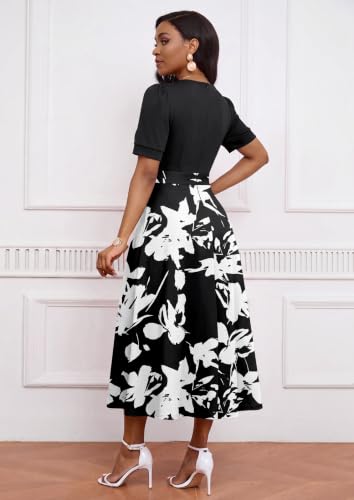 Image of MarryUP Women's Midi Dresses - V Neck Cocktail & Church Tea Dresses - Short Sleeve A-Line Swing Dress