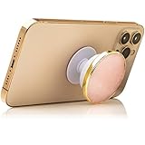 Grips by CRYSTALFY Rose Quartz Round Gold Edge Crystal Phone Grip Holder & Expanding Kickstand - Natural Gemstone Swappable Top Accessory for iPhone, iPad, Kindle & Mobile Devices