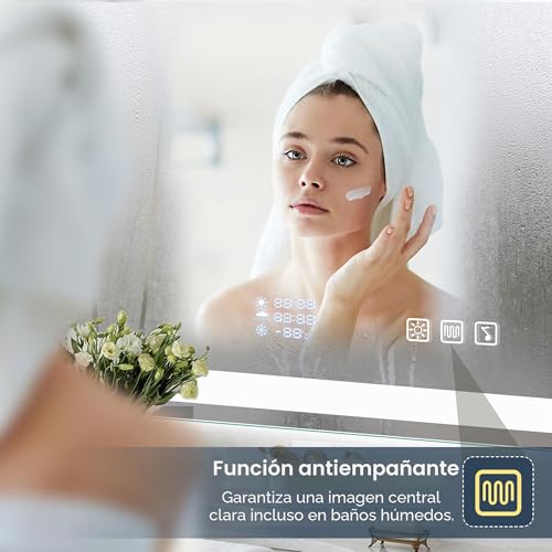 Miniatura 2 de S Bagno Espejo-Baño-Con-Luz 100x70cm, Espejo-Baño-Led-Bluetooth Con Función Antivaho, 3000k 4000k 6500k, Regulable, Memoria, Cristal Templado Hd, Ip44-Wifi-Espejos-De-Baño-Con-Led