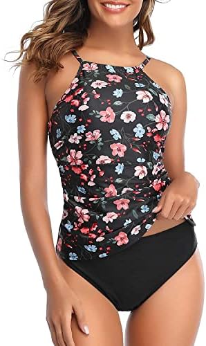 Tempt Me Women Pink Floral Two Piece High Neck Tankini Top Tummy Control Swimsuit with Bottom 2 Piece Bathing Suit XL