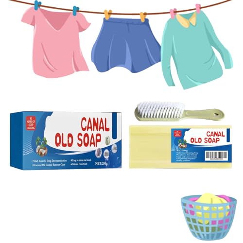 Peticehi Canal Old Soap with Brush, Grand Old Soap for Stains, Canal Underwear Cleaning Laundry Long Lasting Fragrance Soap Bars, Gentle Not Hurt Hands Removing Old Stains (1PCS)