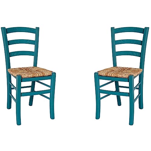 Liberoshopping Stühle Venezia aus farbigem Massivholz mit Strohsitz Set 2 (Petrolium)