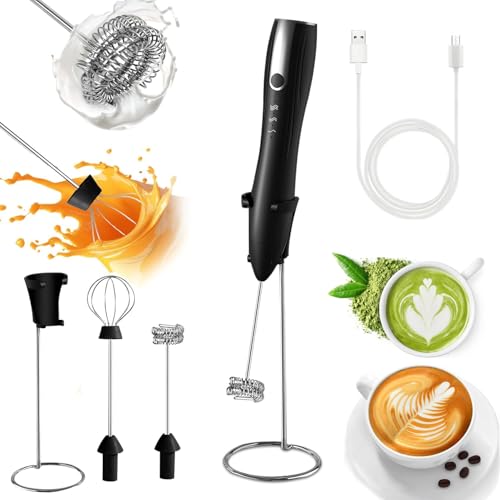 Image of Rechargeable Handheld Milk Frother Wand with Stand | 2 Whisk Heads, 3 Speeds Adjustable Coffee Drink Mixer with Stand for Lattes, Matcha, Hot Chocolate, Egg, Matcha, Black