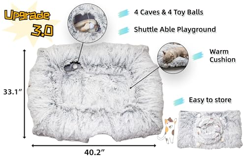 XxingSheep 4 Cave Shuttled XL Cat Tunnel Bed for Indoor Cats Peekaboo Toy Donut with Warm Mat, Pinkish White