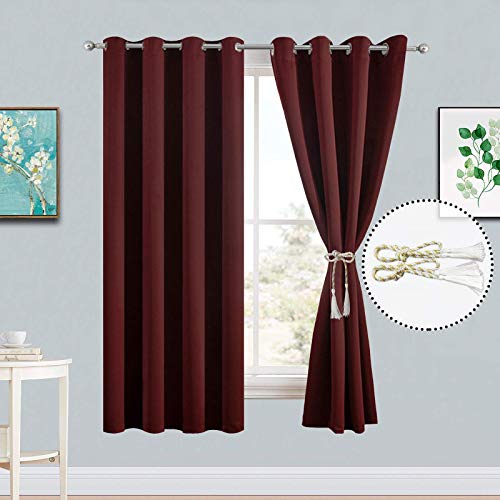 Yakamok Treatment Blackout Thermal Insulated Room Darkening Solid Grommet Curtains/Drapes for Bedroom,Bonus 2 Tie Backs Included (Burgundy Red,52x72-inch, 2 Panels)