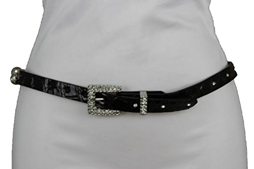 TFJ Women Western Skinny Fashion Belt Hip Silver Metal Bling Buckle Rhinestones Brown Color3