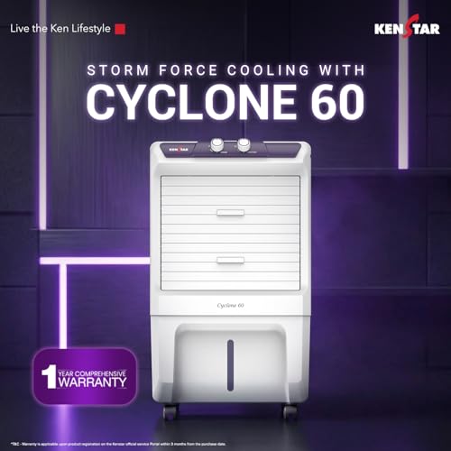 Image of Kenstar Cyclone HC 60 Personal Air Cooler 60L Honeycomb Pads High Speed Fan 2500 RPM Inverter Compatible